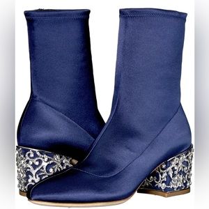 NWB 8.5 M Badgley Mischka Women's Martine Ankle Boot | Embellished Satin Navy